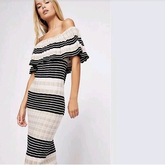 Free People Dresses & Skirts - Free People Off Duty Striped Knit Midi Off Shoulder Dress XS Can Fit M Tan Black